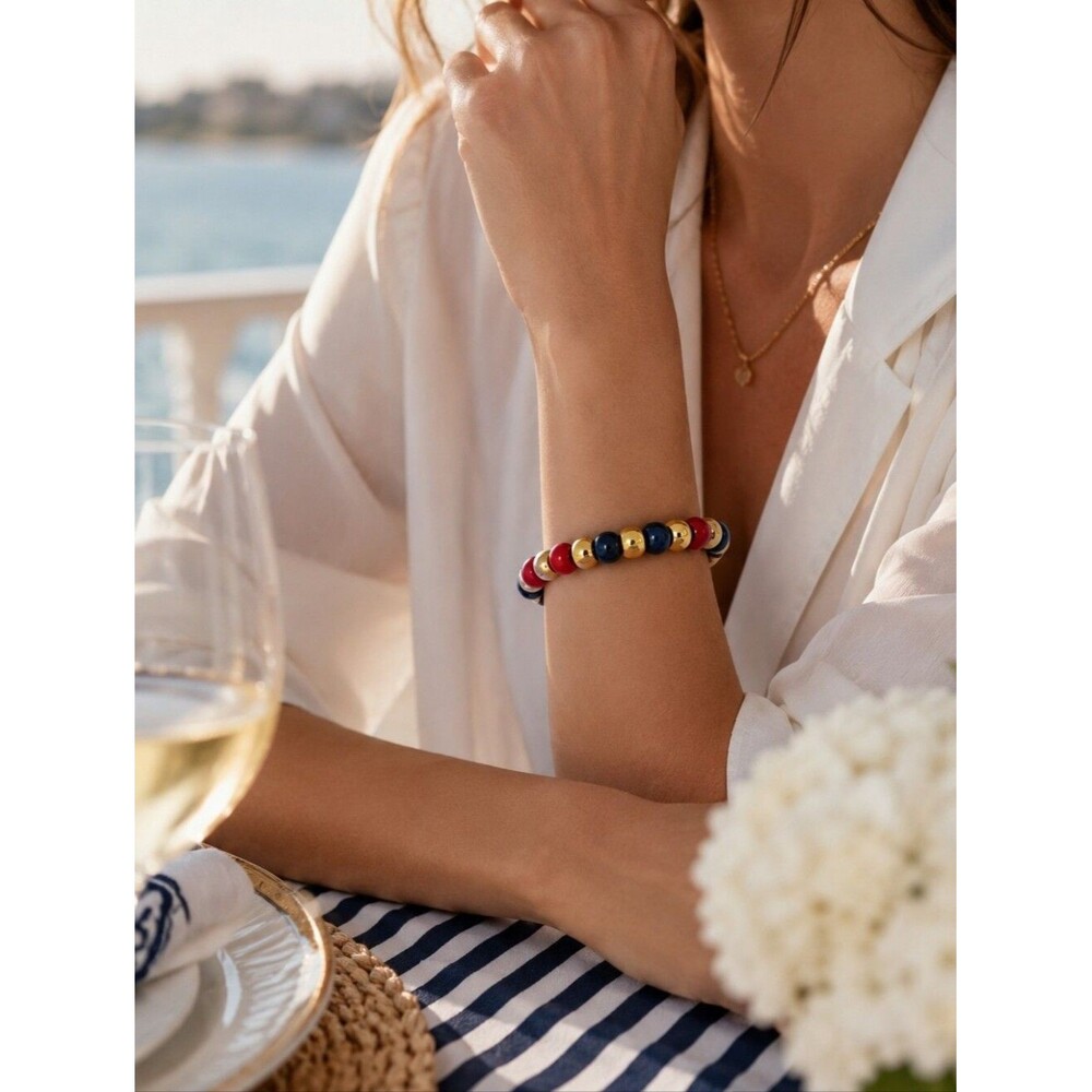 NWT Tuckernuck Claret Beaded Bradley Bracelet Nautical Red Navy Gold Americana